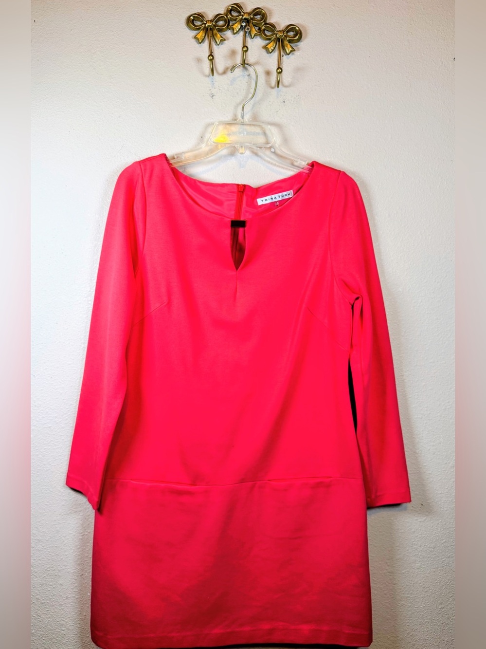 Trina Turk Red/Coral Long-Sleeve Dress with Keyhole and Gold Detailing. Size 12